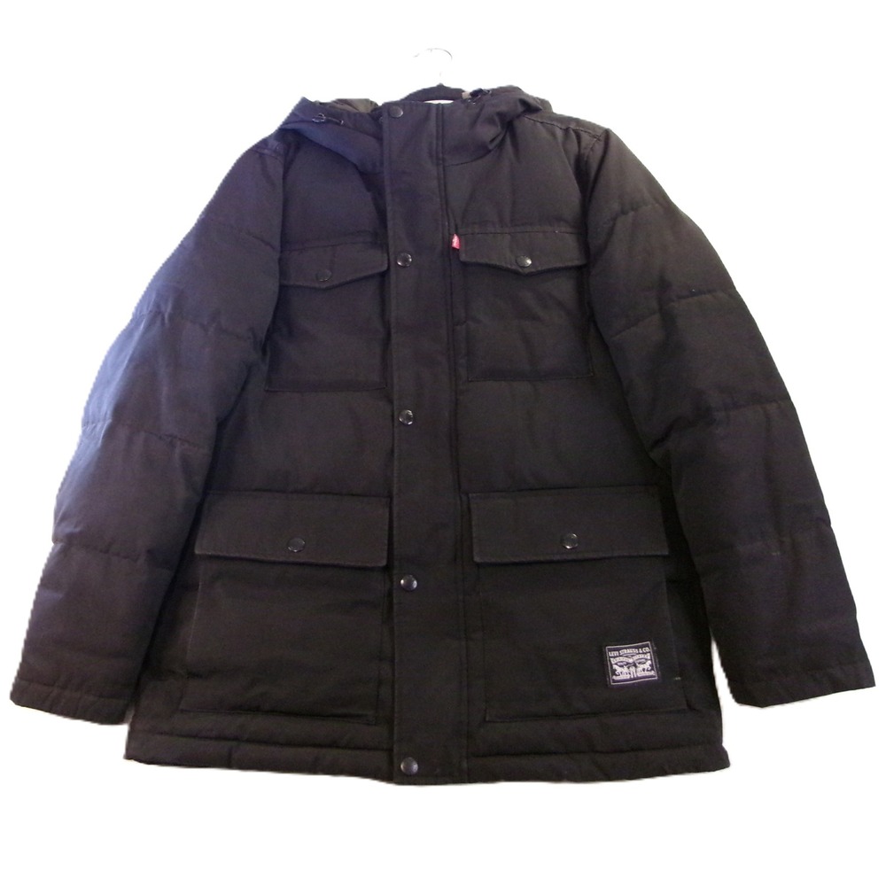 Levi Mens Small Puffer Parka Jacket Black Hooded‎ Quilted Utility LM0RP320